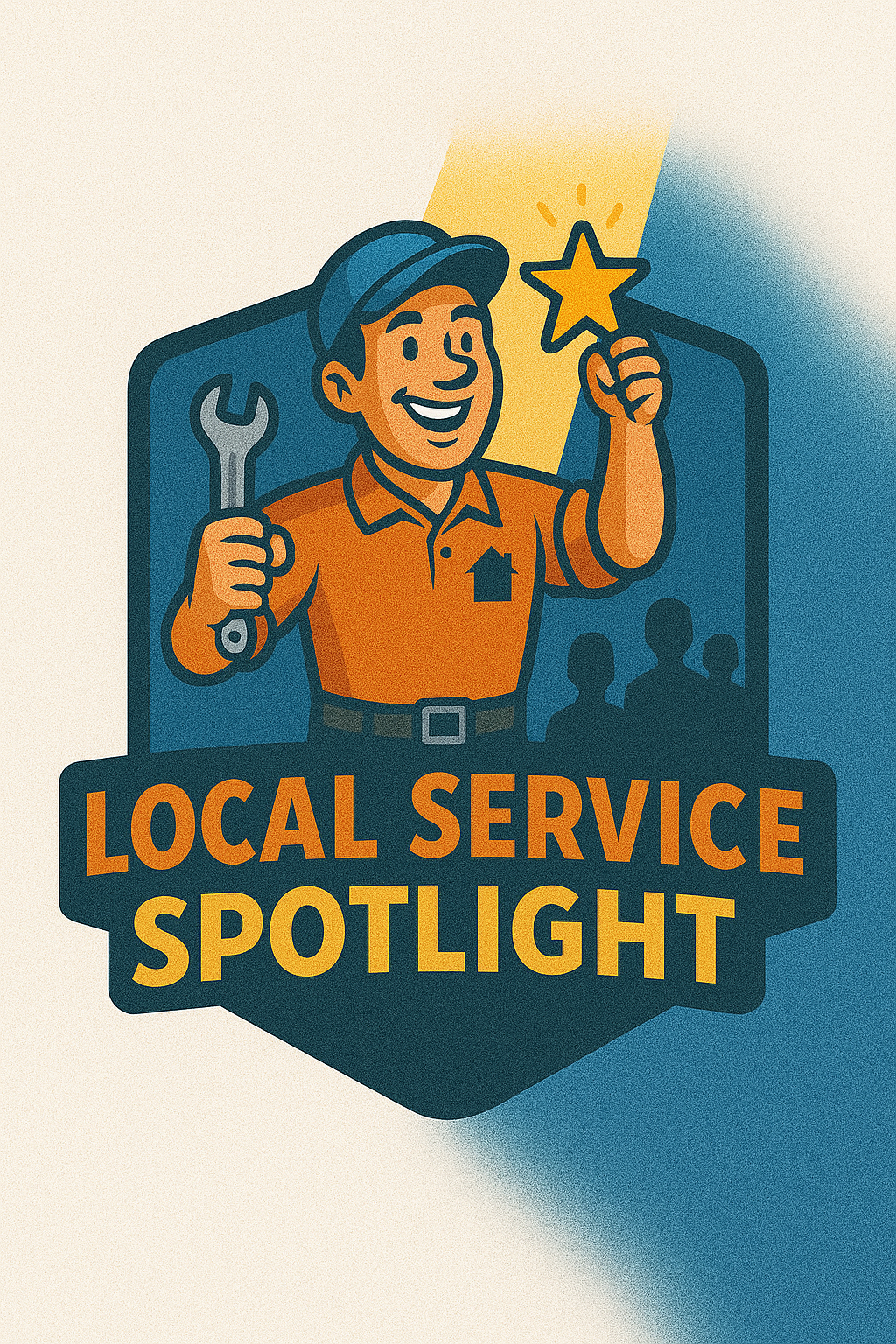 Local Service Spotlight cartoon logo featuring a handyman with a wrench holding a star