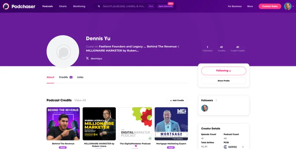 Dennis Yu's Podchaser creator profile showing 41 podcast guest credits across 40 shows