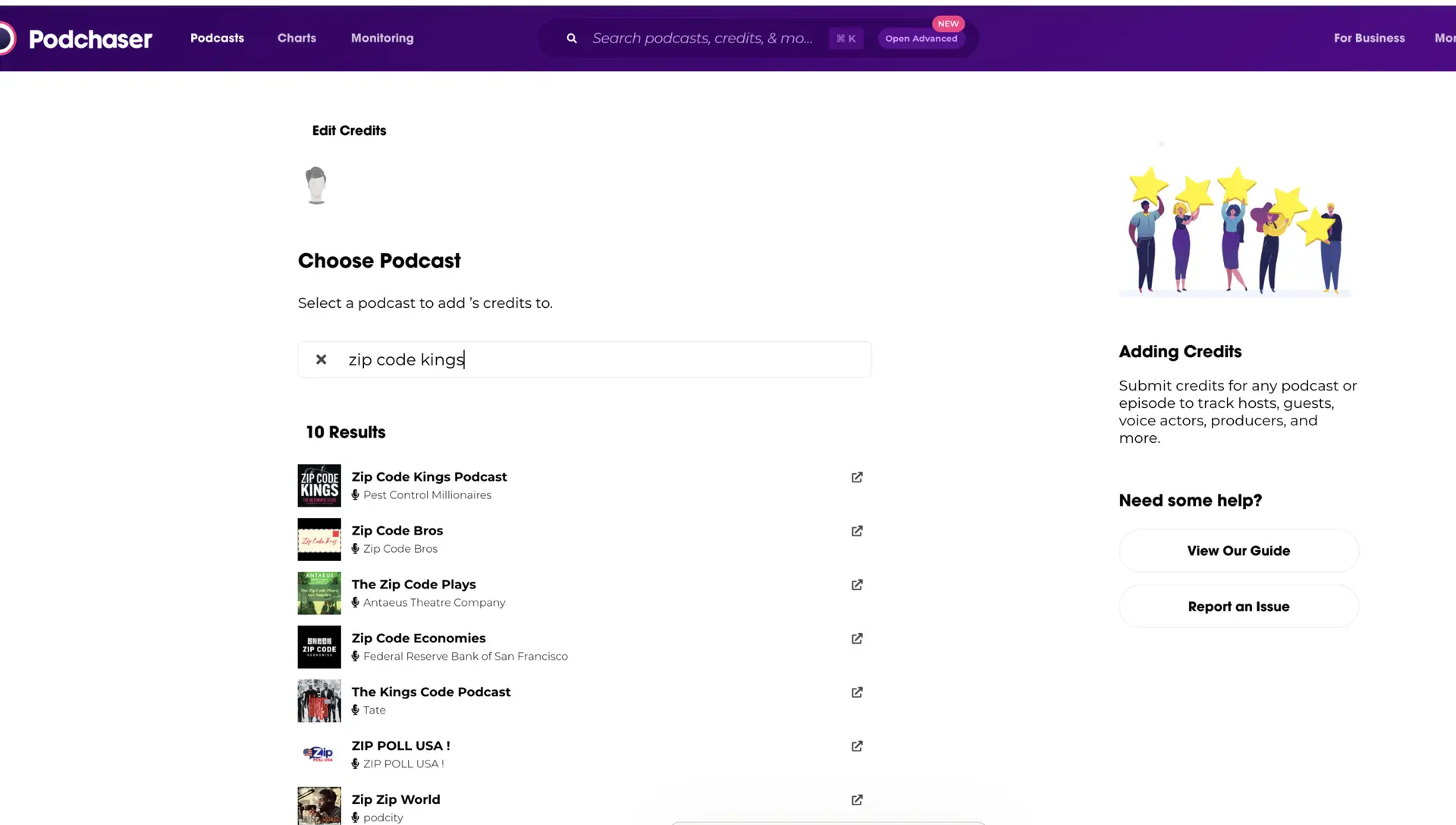 Podchaser Edit Credits screen showing search results for Zip Code Kings Podcast