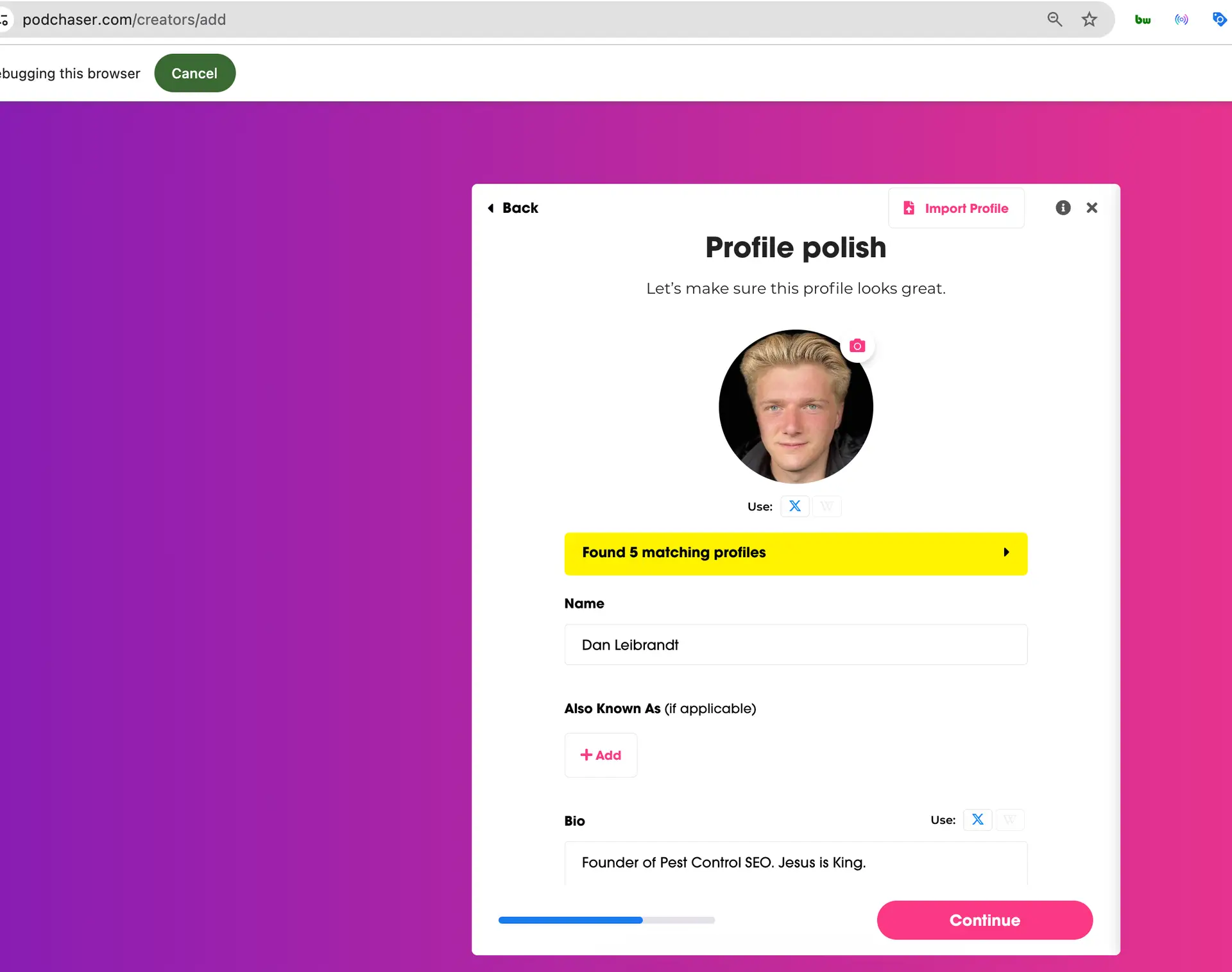 Podchaser Profile Polish screen for Dan Leibrandt showing name, bio, and profile photo imported from X