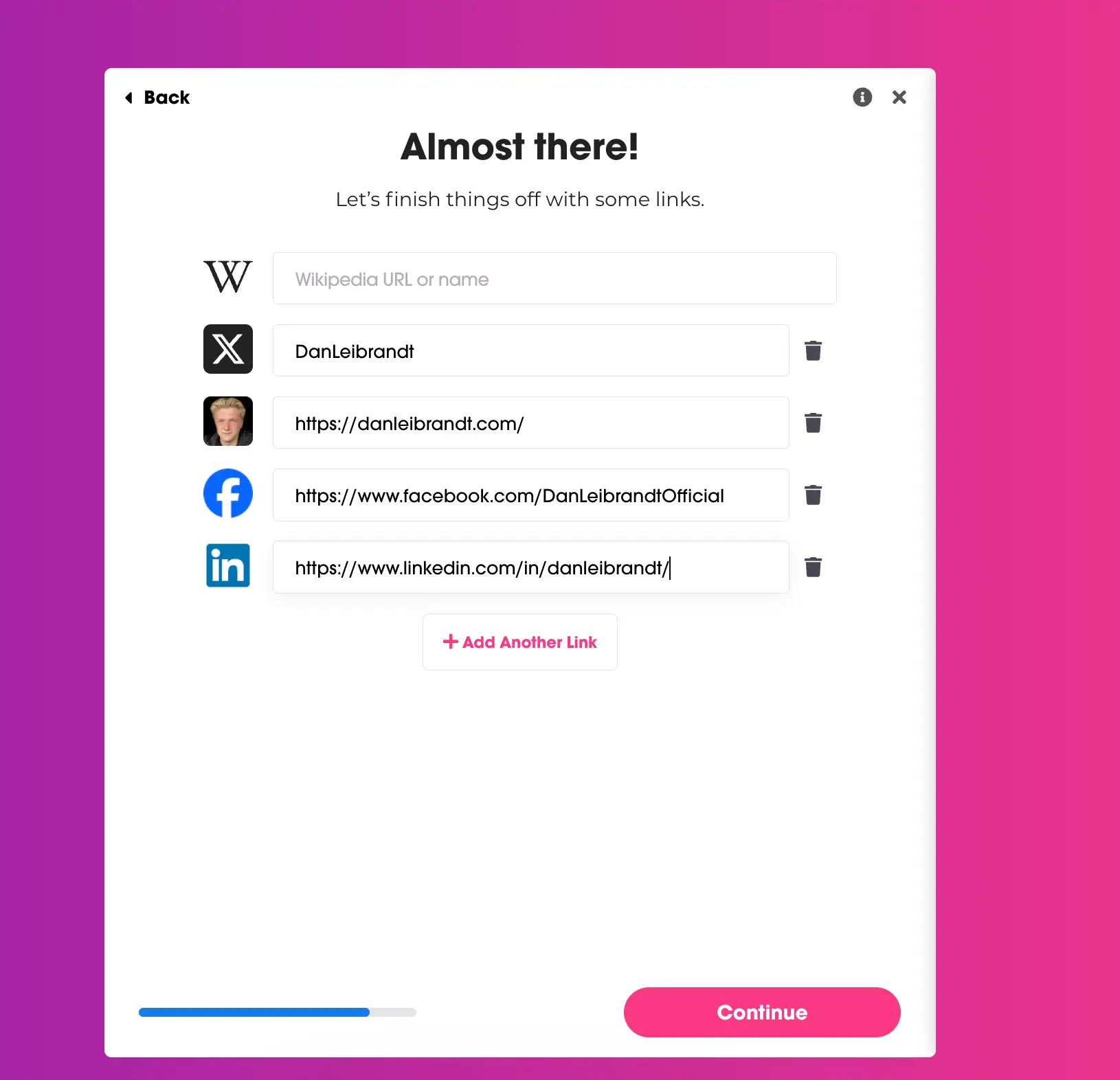 Podchaser social links page showing Dan Leibrandt's X handle, personal website, Facebook, and LinkedIn profiles