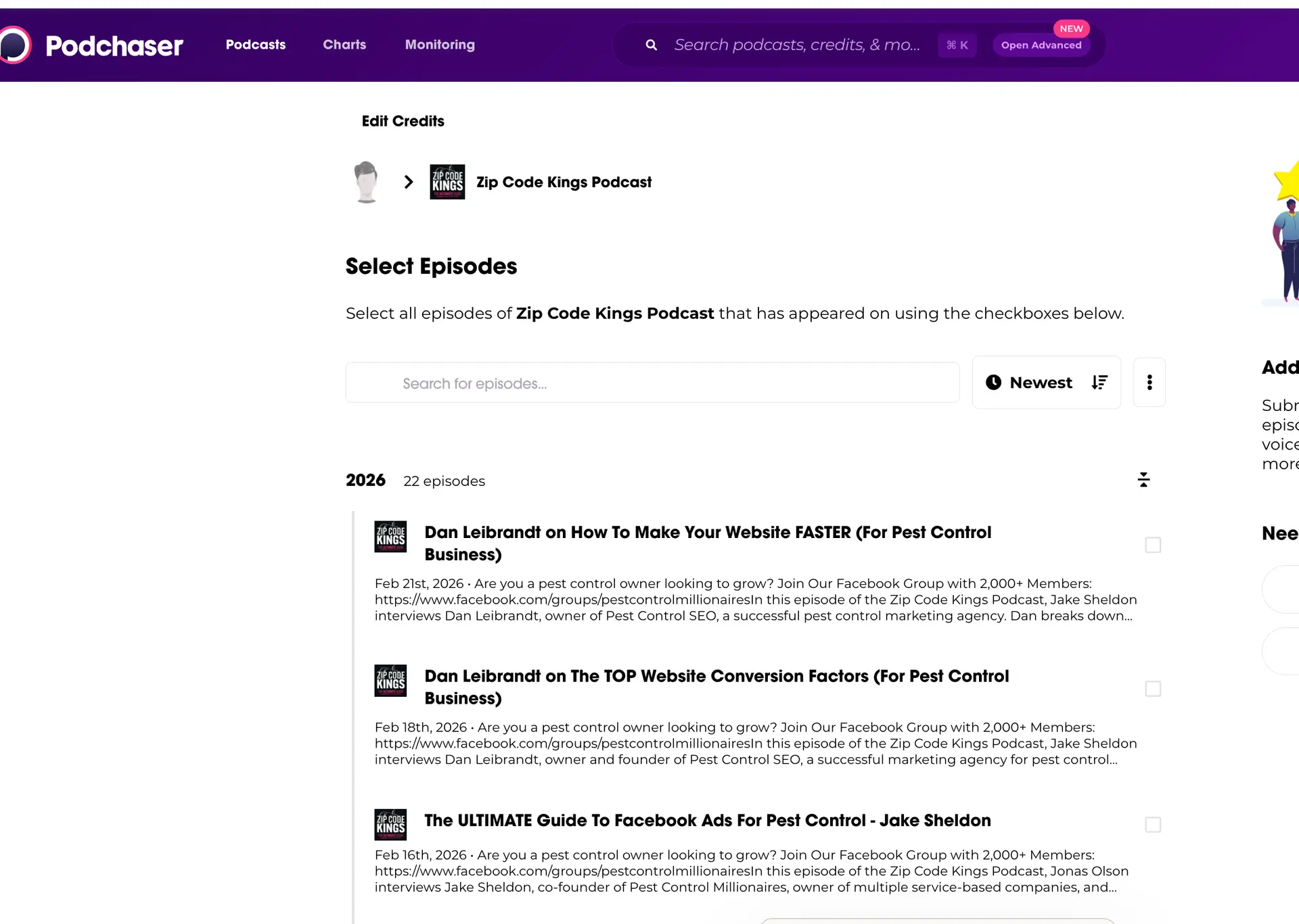 Podchaser Select Episodes screen showing 22 episodes in 2026 for Zip Code Kings Podcast