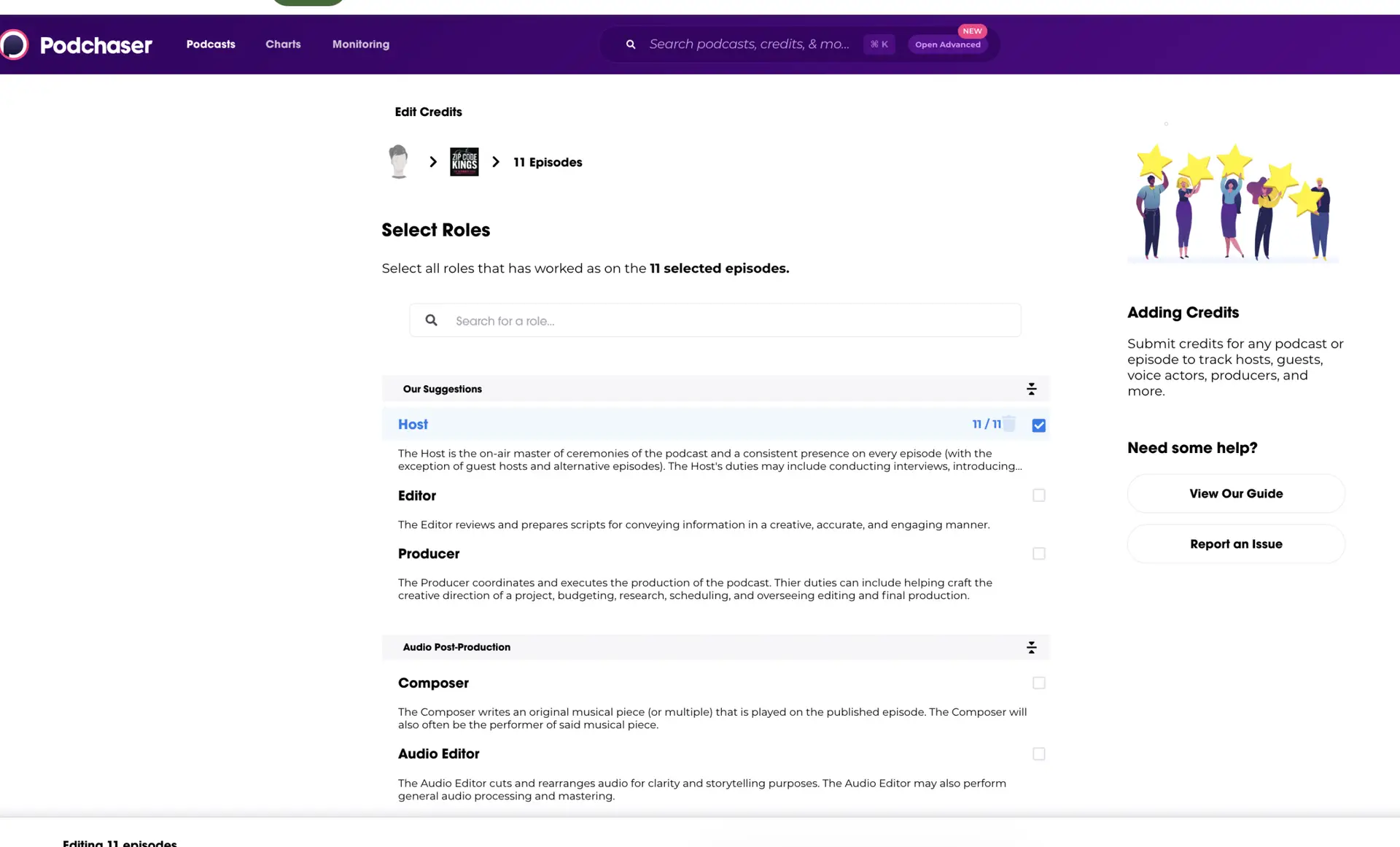 Podchaser Select Roles screen showing Host selected for 11 episodes with other role options like Editor, Producer, Composer