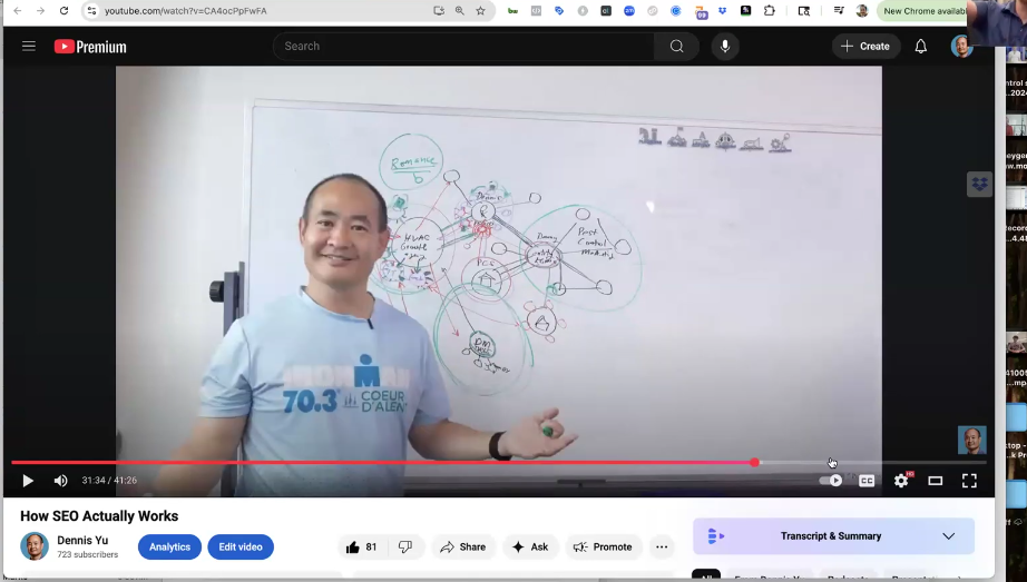 Dennis Yu drawing SEO concepts on a whiteboard during an unscripted recording session