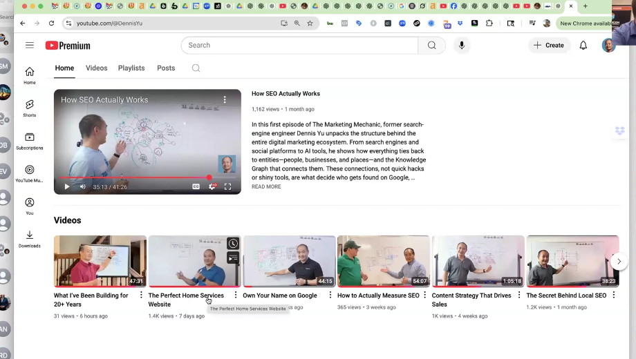 Dennis Yu YouTube channel showing seven episodes with view counts climbing from 31 to over 1400