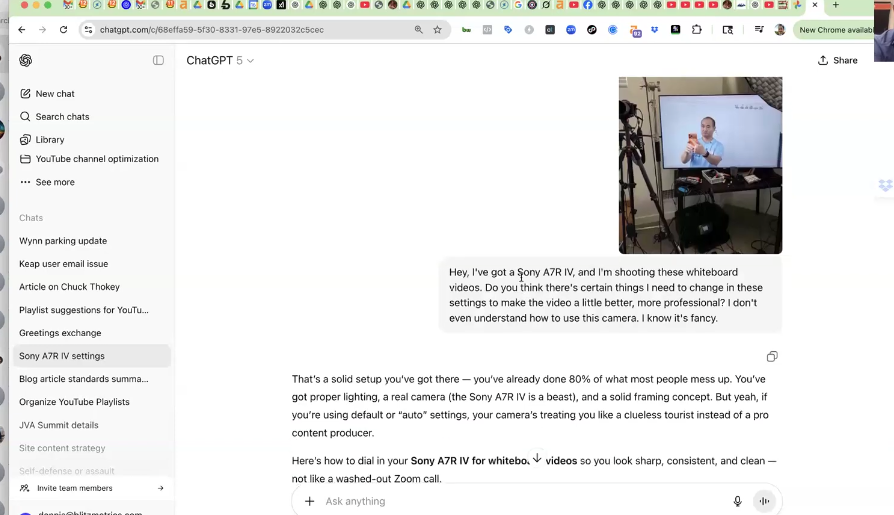 ChatGPT conversation showing camera setting recommendations for the Sony A7R4 whiteboard video setup