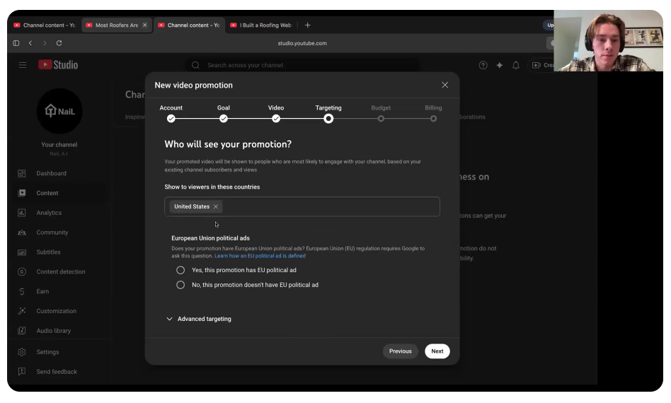 Setting up a YouTube video ad promotion in YouTube Studio for roofing content