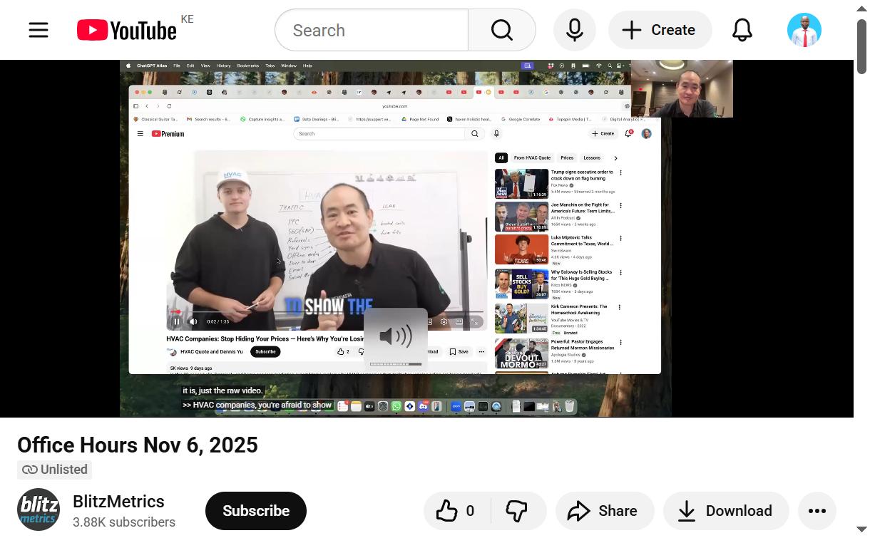 Dennis Yu reviewing an HVAC YouTube video during Office Hours, showing YouTube ads strategy for local service businesses