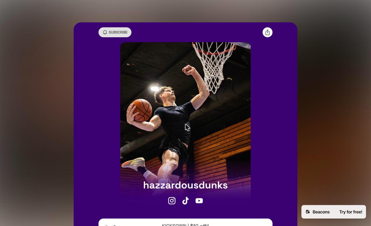 beacons.ai/hazzardousdunks showing Cam Hazzard mid-air dunking, hazzardousdunks username, social icons, and KICKSOWN affiliate link — plus the Beacons Try for free! watermark in the corner