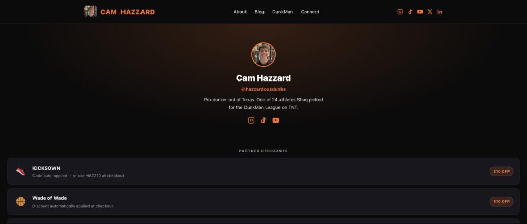 camhazzard.com/links page showing CAM HAZZARD branded header, Cam Hazzard profile photo with orange circle, bio text, social icons, PARTNER DISCOUNTS section with KICKSOWN and Wade of Wade $10 OFF cards