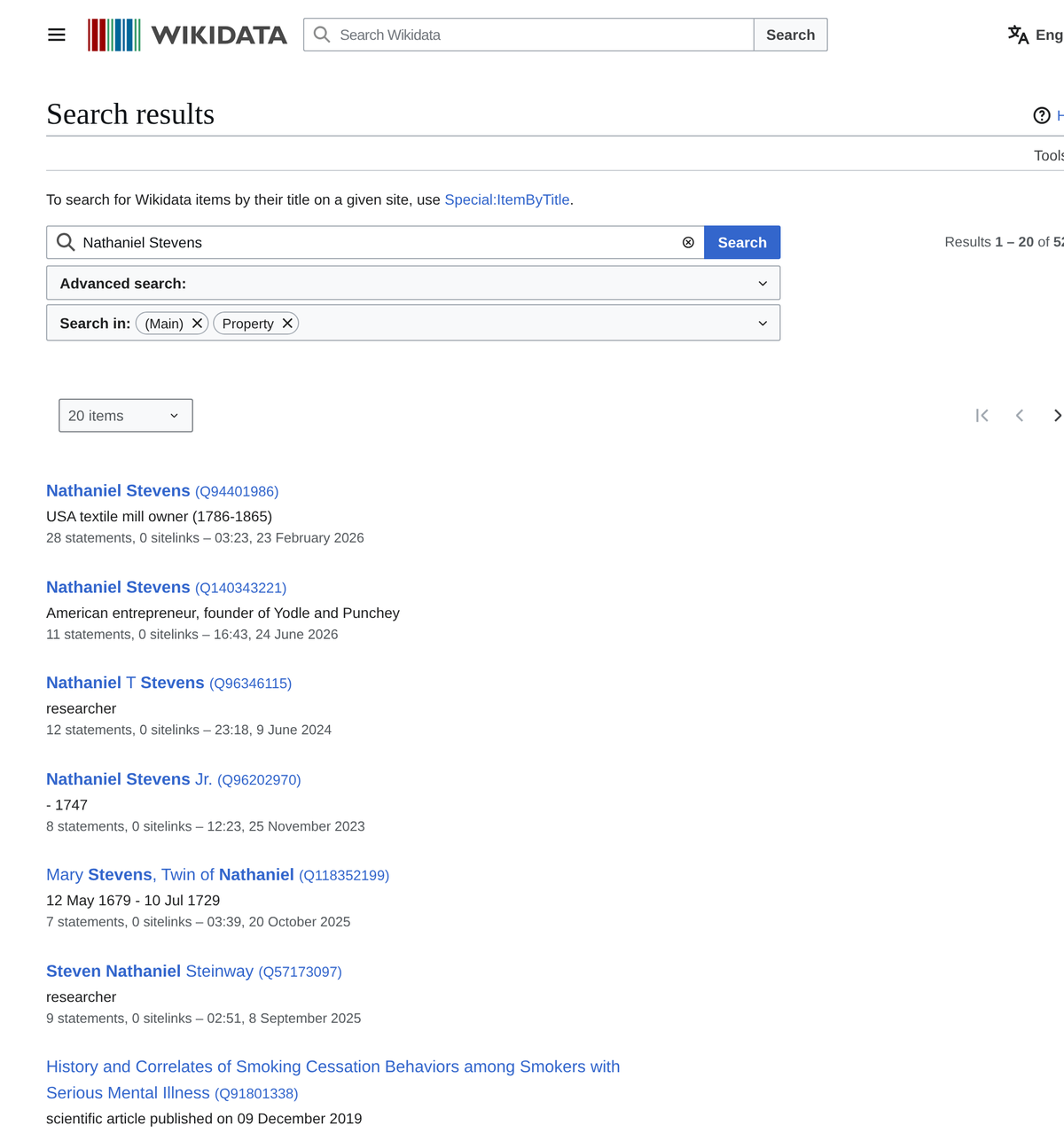 Wikidata search showing 527 results for Nathaniel Stevens