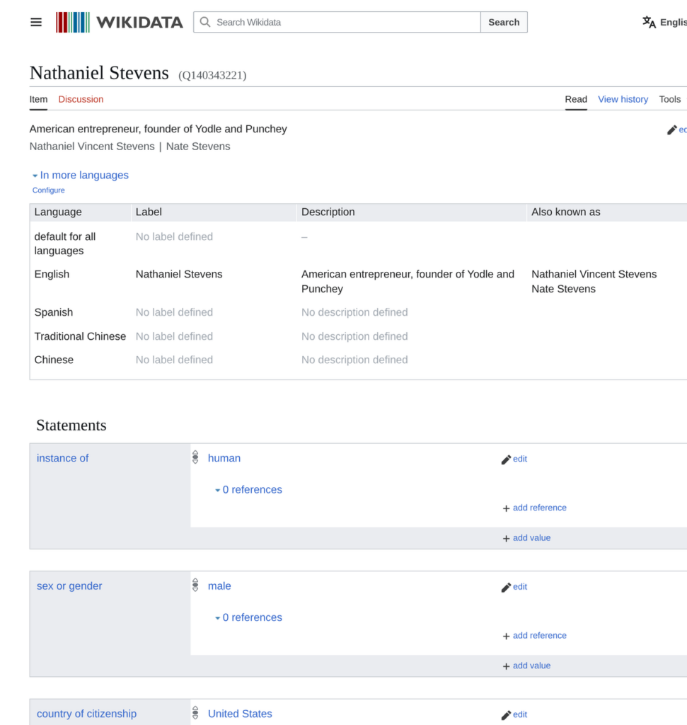 The Wikidata item for Nathaniel Stevens, Q140343221, showing label, description, aliases, and statements