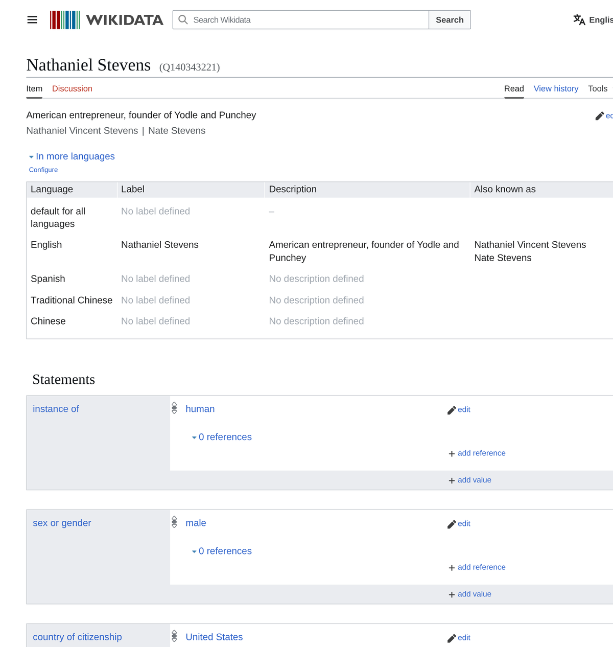 A Wikidata item for a person, showing label, description, aliases, and statements