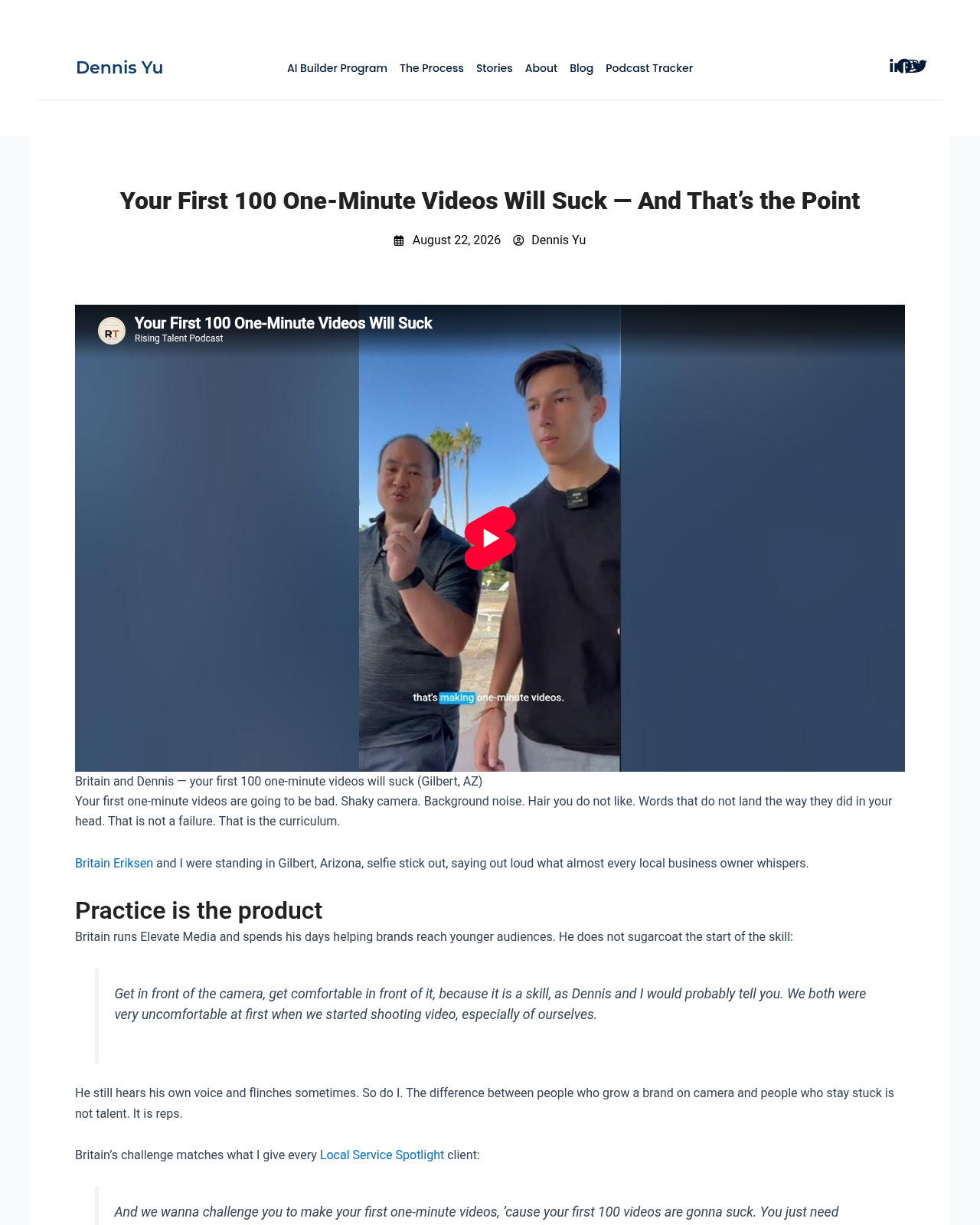 dennisyu.com article with YouTube lead and no redundant still