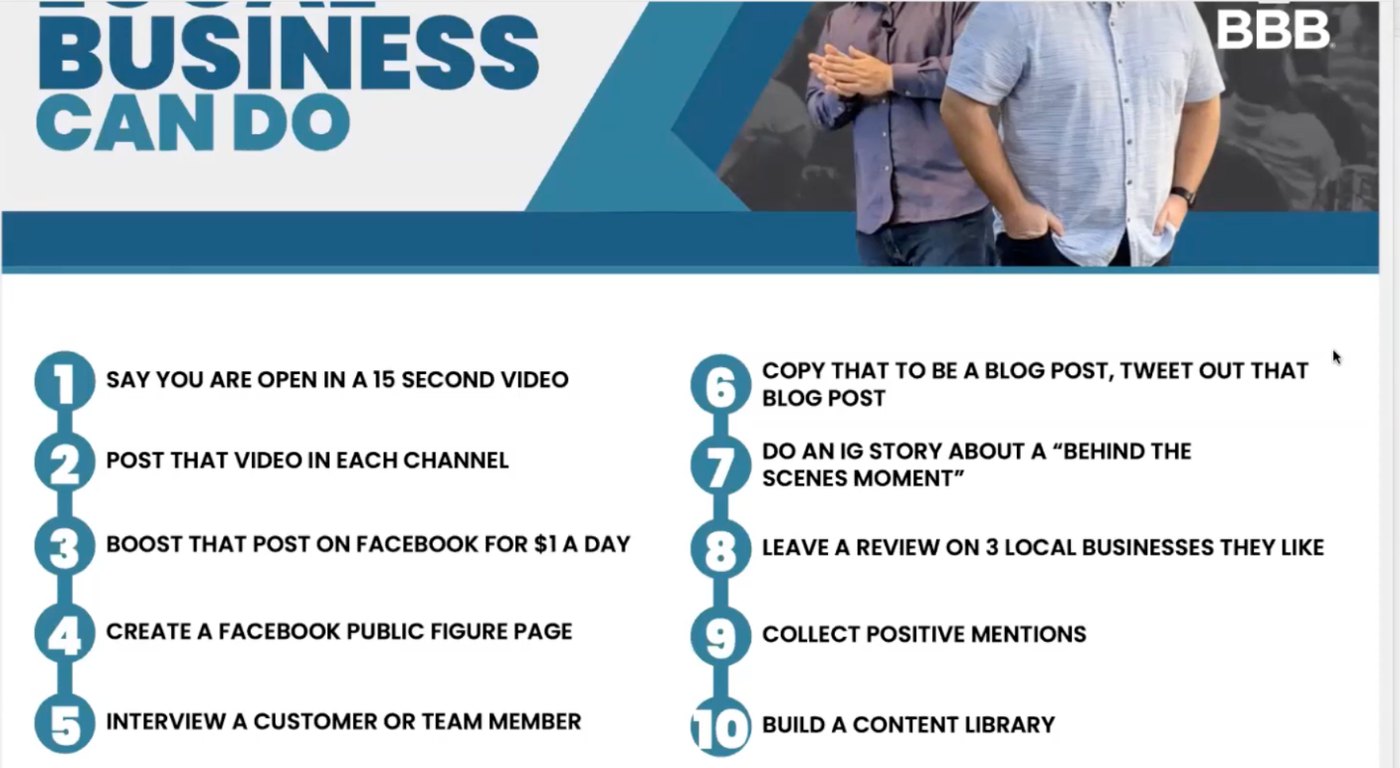 BBB-branded slide titled 10 Things Every Local Business Can Do, listing the ten-step digital marketing checklist Dennis Yu taught to Better Business Bureau members