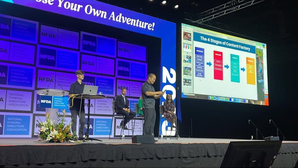 Dennis Yu on stage at NFDA delivering a keynote on the Content Factory four stages