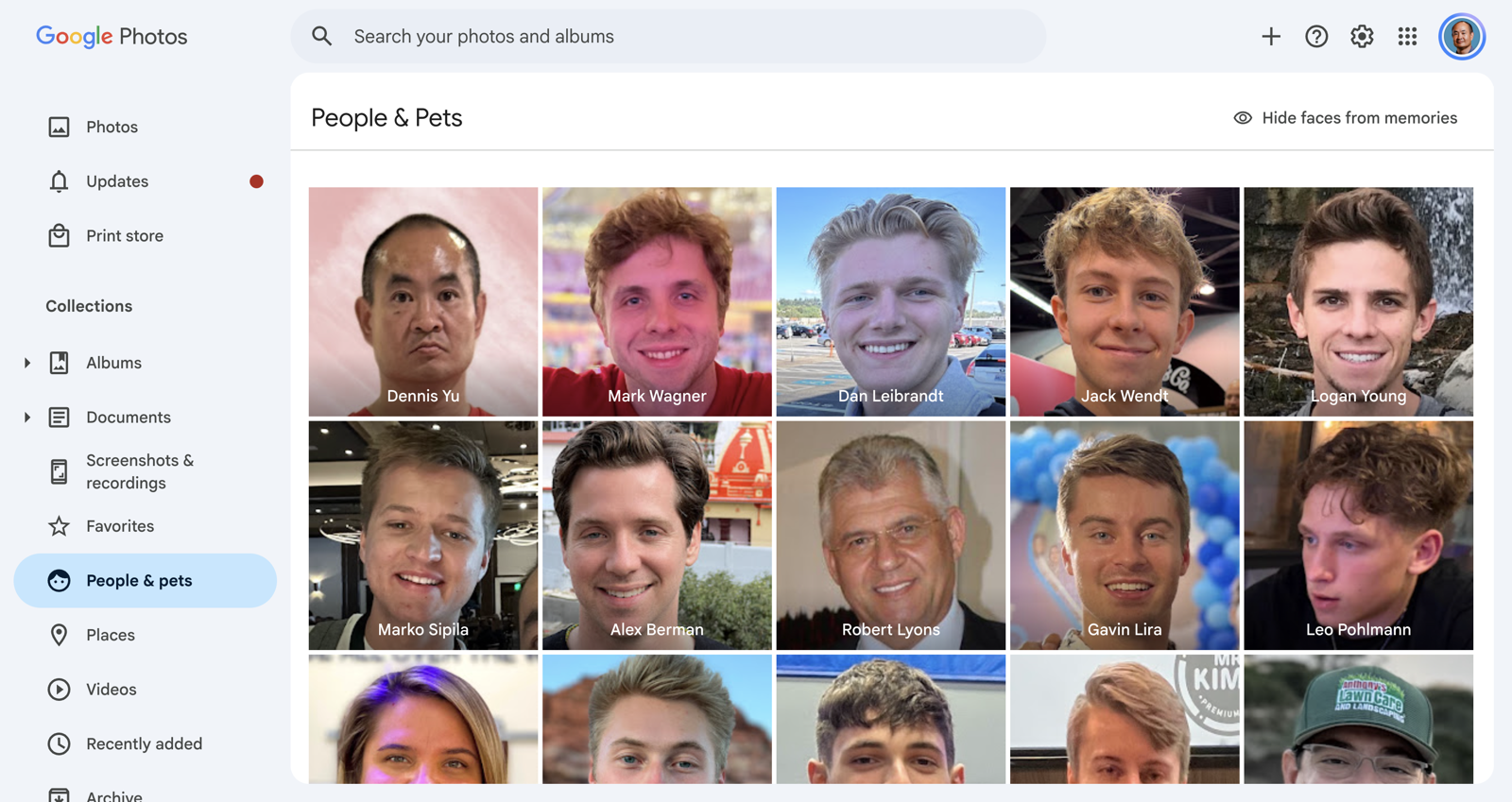 Google Photos People and Pets page showing named face tiles — Dennis Yu, Mark Wagner, Dan Leibrandt, Jack Wendt, Logan Young and more — the raw material for the photo inventory