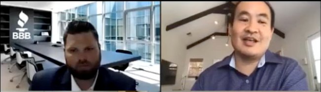 Jeff Niebaum of the Better Business Bureau on the left with a BBB-branded background, Dennis Yu on the right, side by side in the Zoom gallery during the 2020 BBB workshop