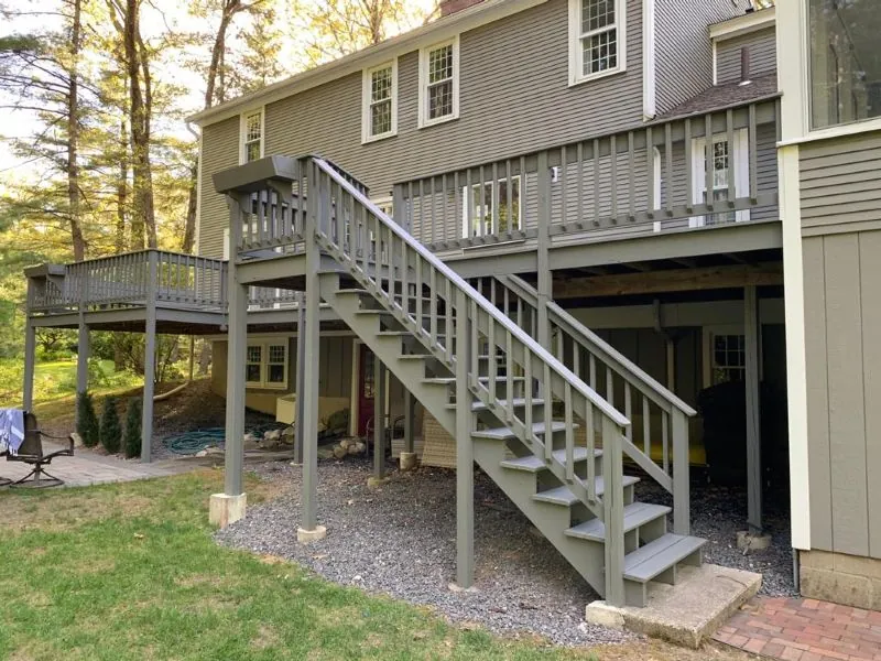 Multi-level deck and stair structure prepared for finishing