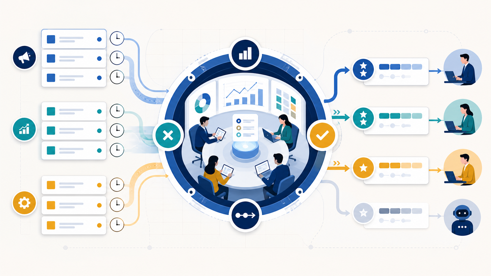 Scheduled marketing, sales, and operations jobs flowing through a weekly business-impact review