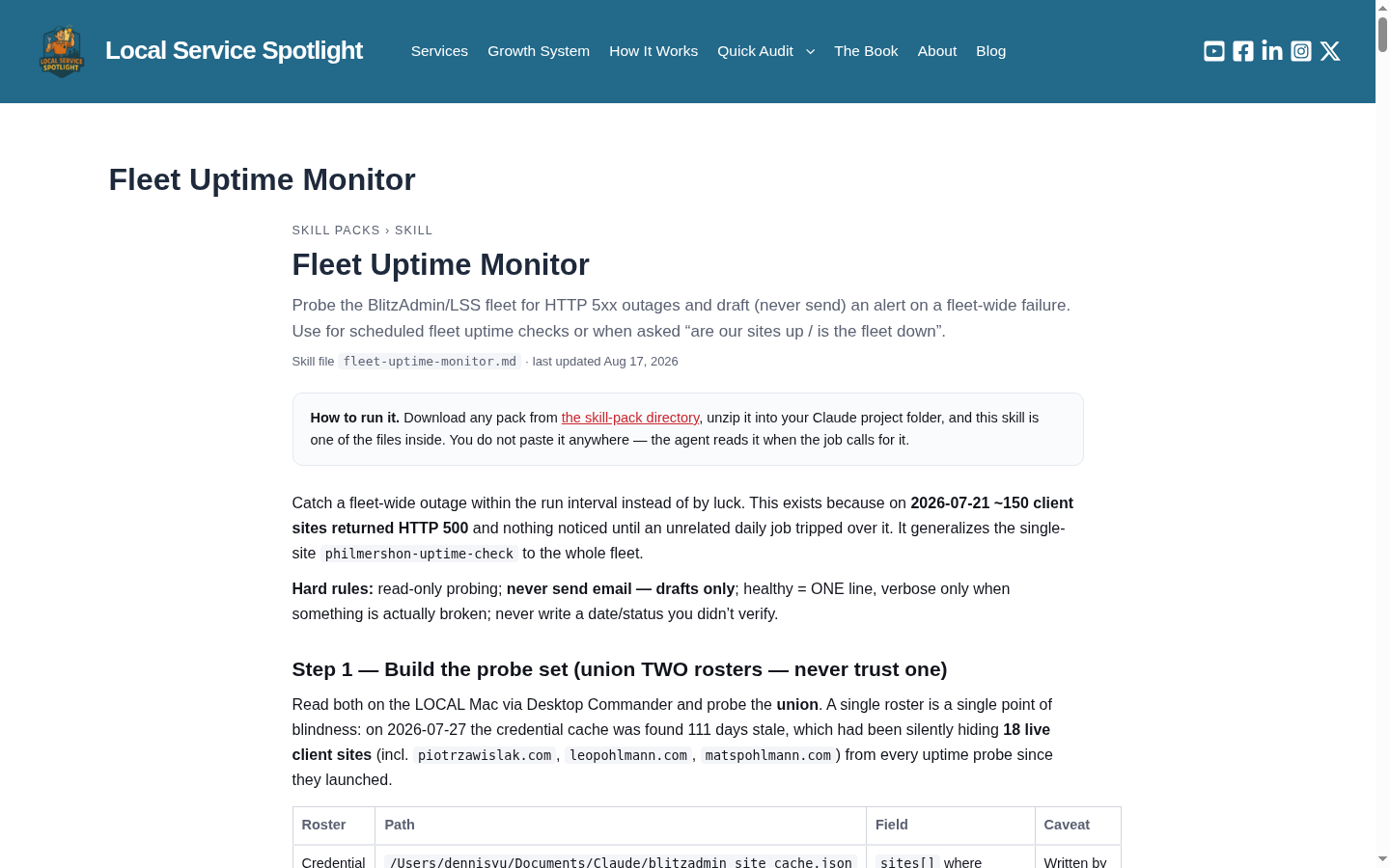 Screenshot of Local Service Spotlight Fleet Uptime Monitor skill page