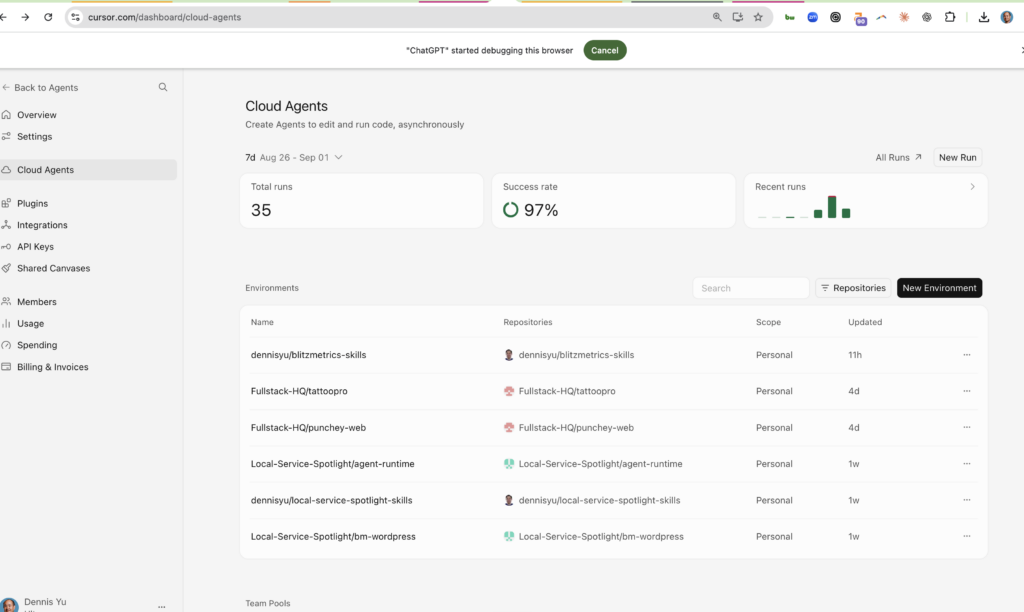 Dennis Yu’s Cursor Cloud Agents dashboard for 26 August to 1 September 2026: 35 runs, 97 percent success, six Personal environments