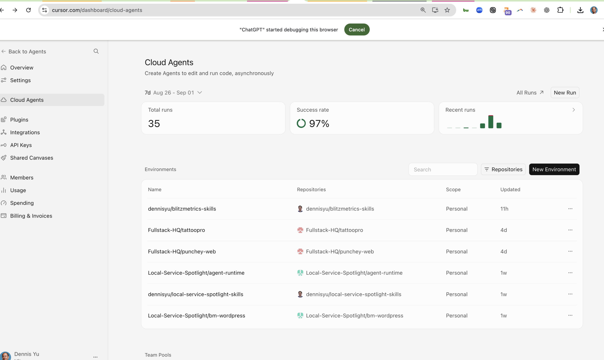 Dennis Yu’s Cursor Cloud Agents dashboard for 26 August to 1 September 2026: 35 runs, 97 percent success, six Personal environments