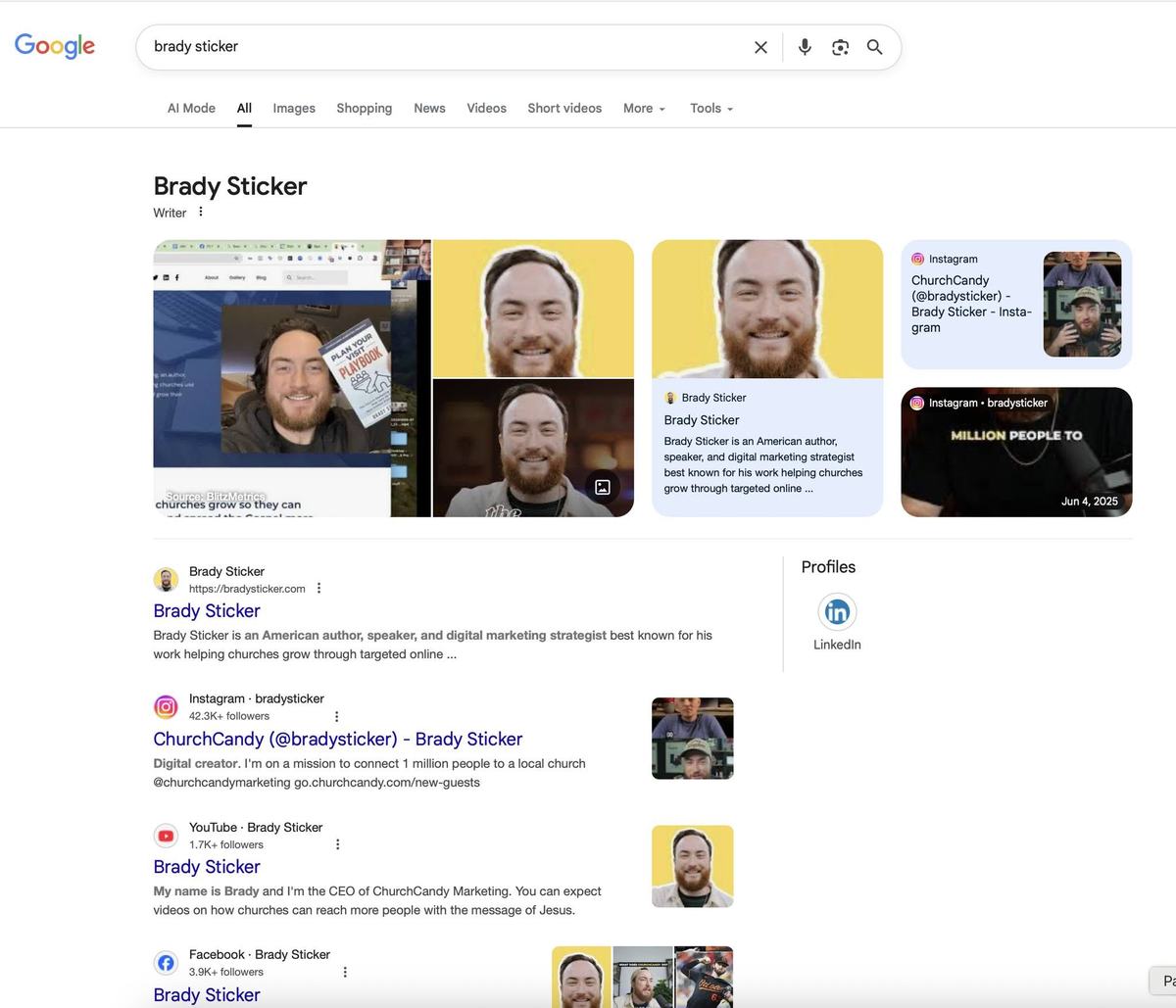 Google search for Brady Sticker showing his Knowledge Panel