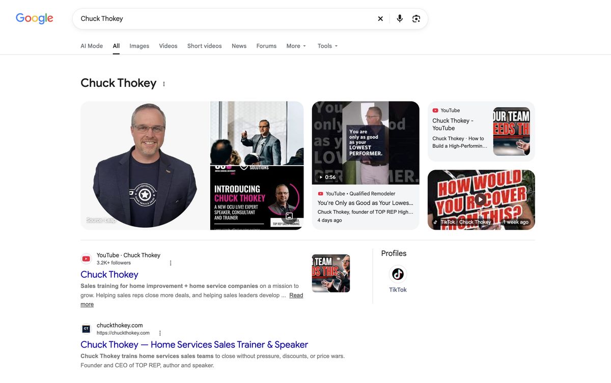 Google search for Chuck Thokey showing his Knowledge Panel