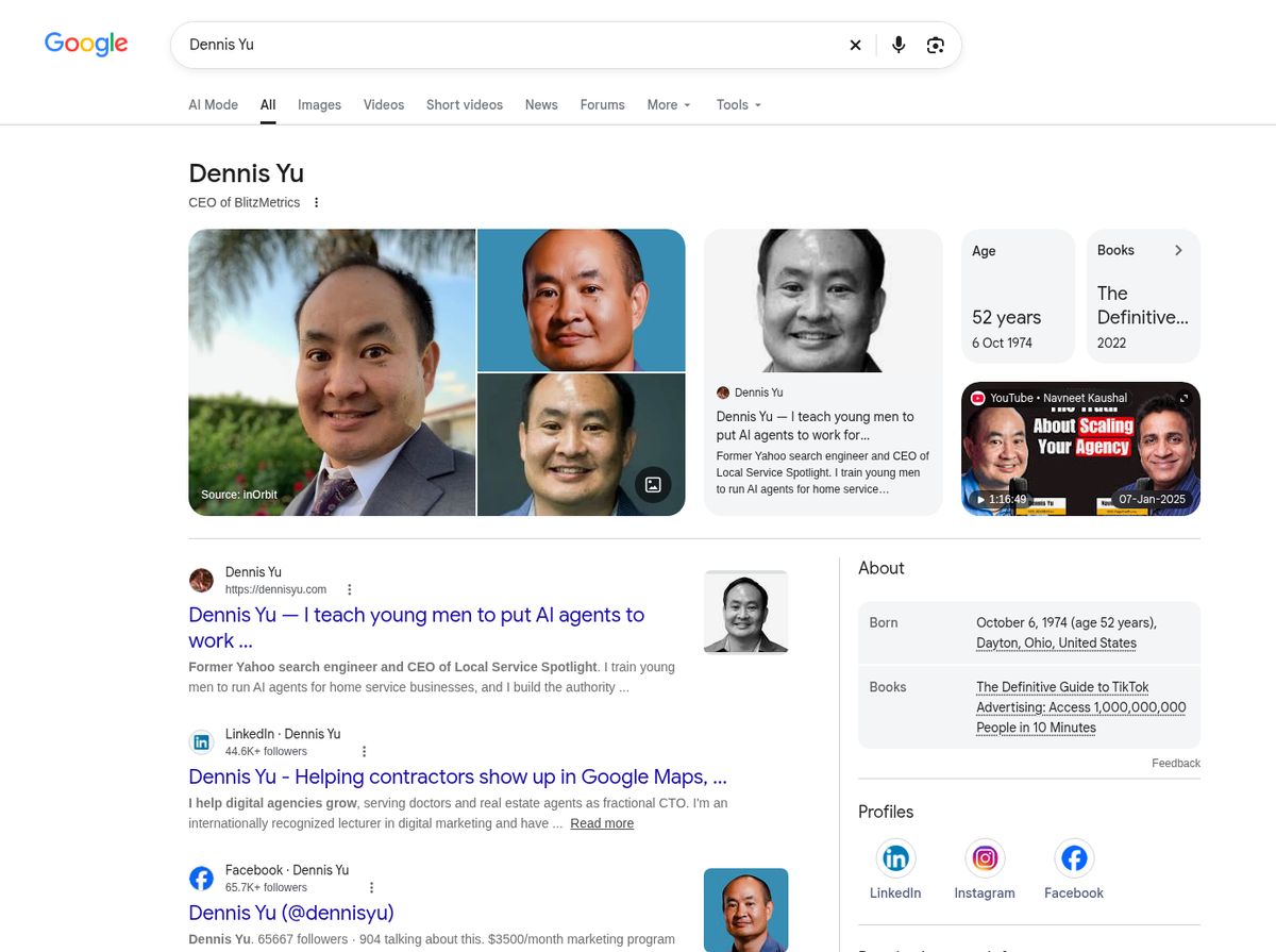 Google search for Dennis Yu showing his Knowledge Panel