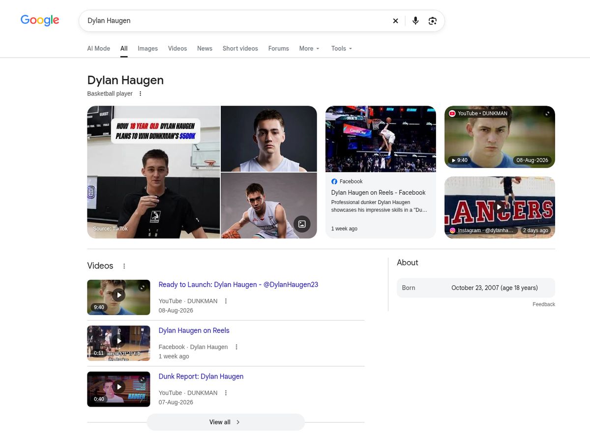 Google search for Dylan Haugen showing their Knowledge Panel