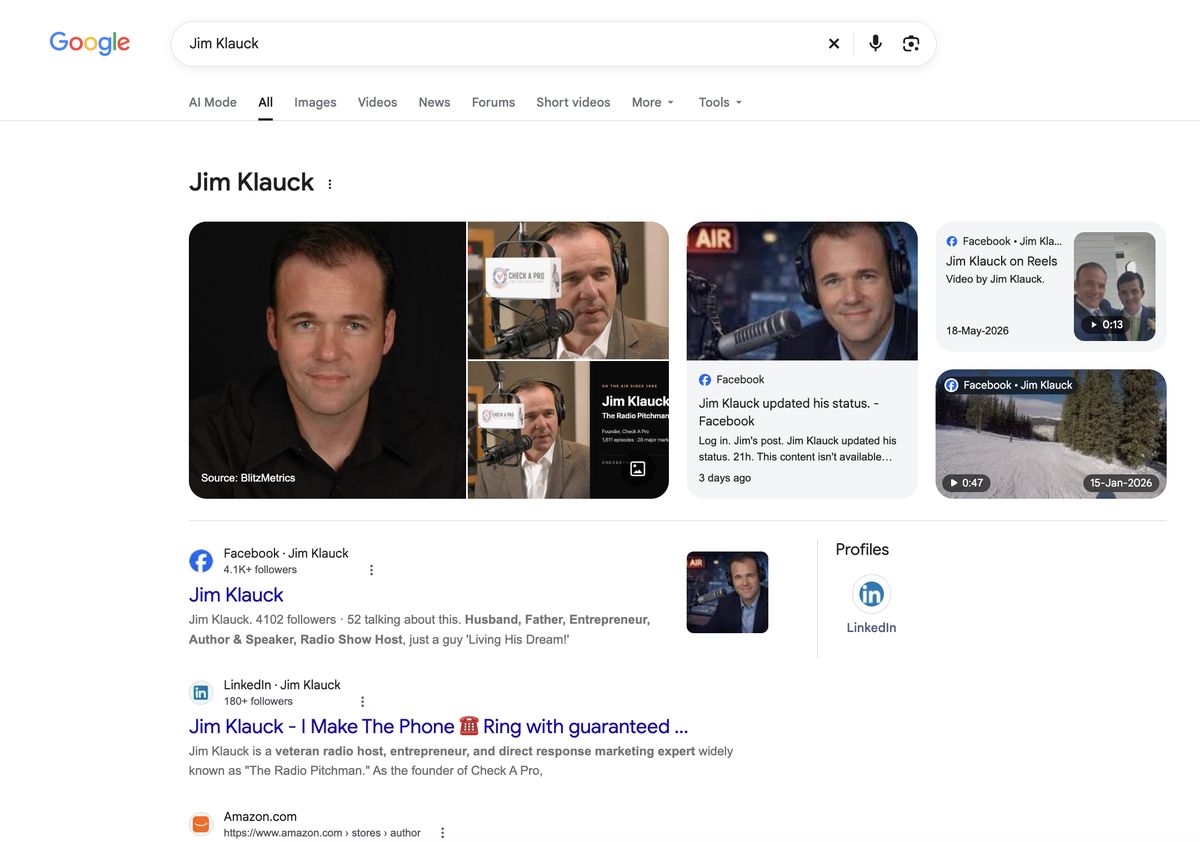 Google search for Jim Klauck showing his Knowledge Panel