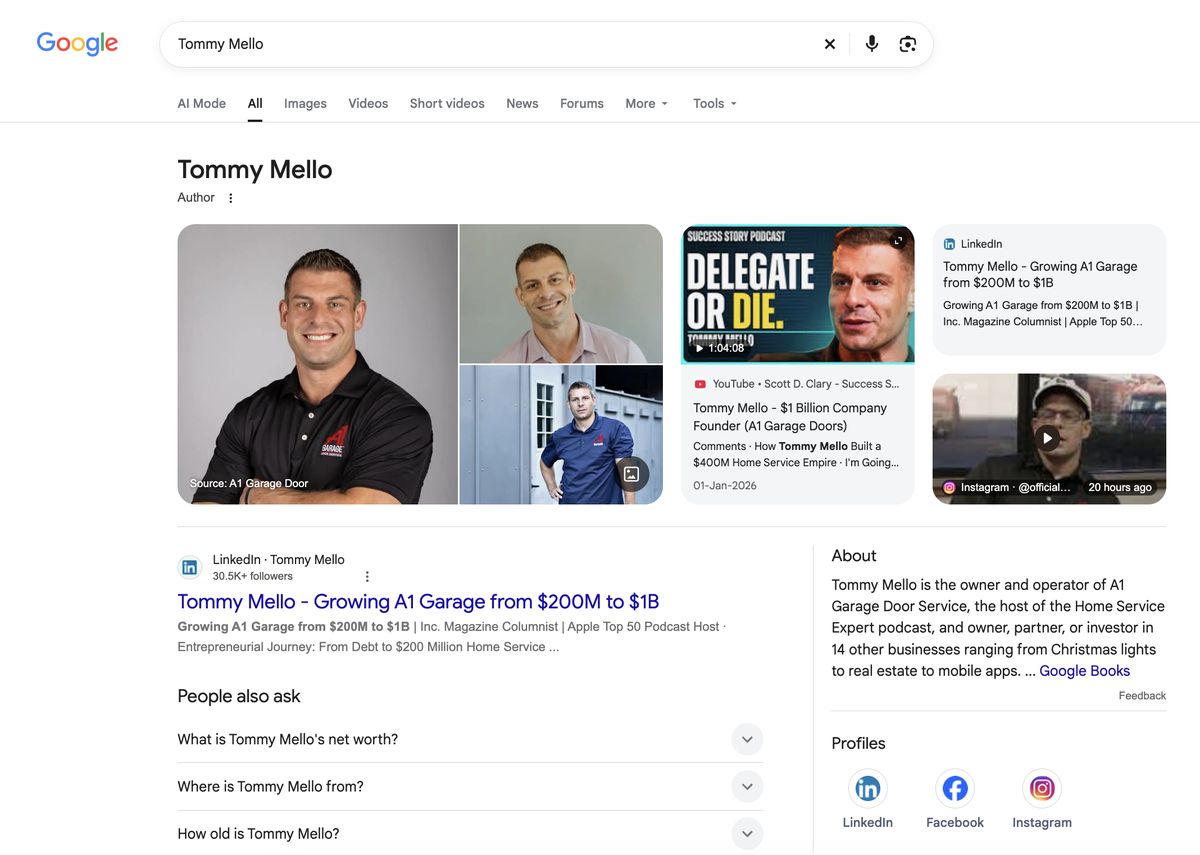 Google search for Tommy Mello showing their Knowledge Panel