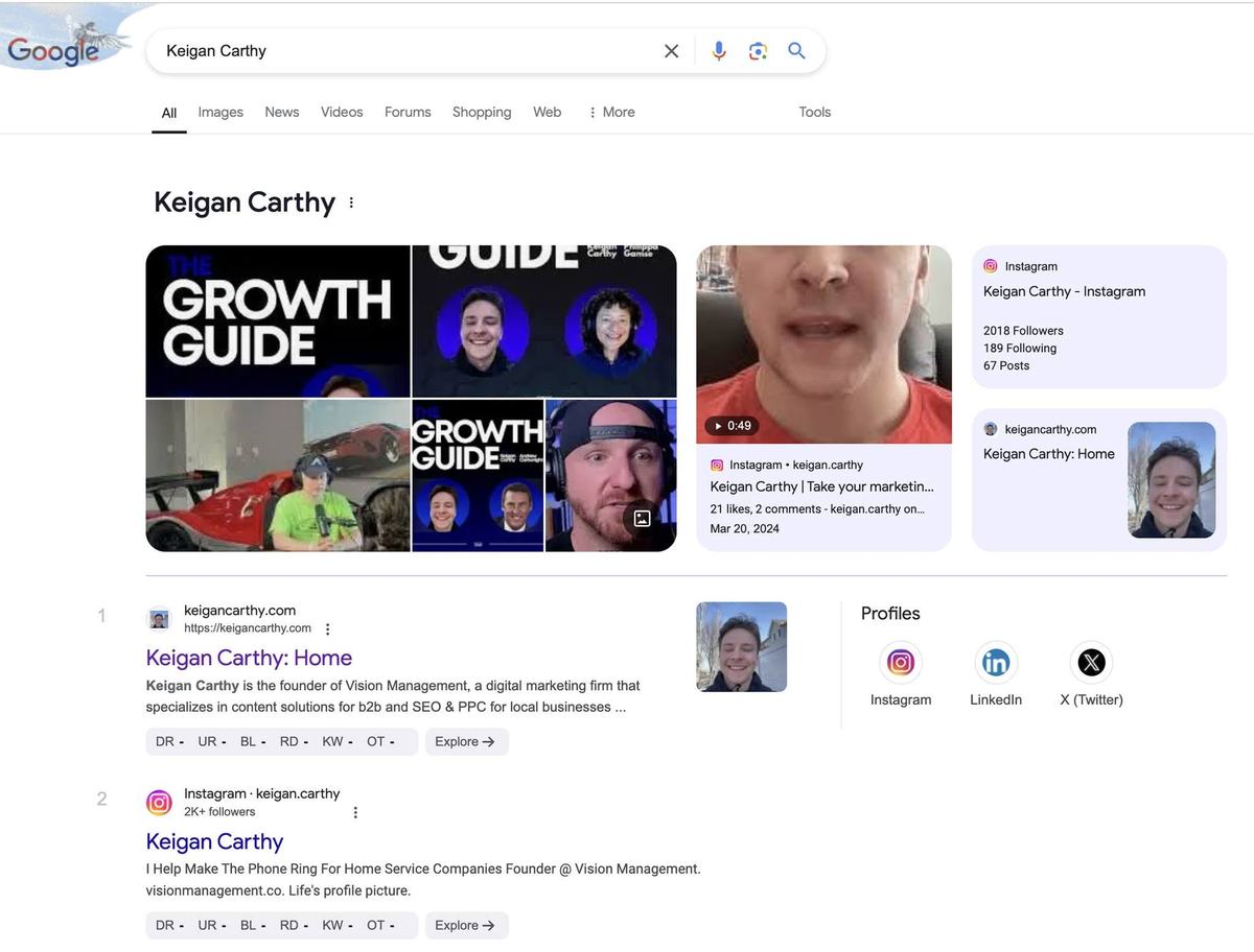 Google search for Keigan Carthy showing his Knowledge Panel