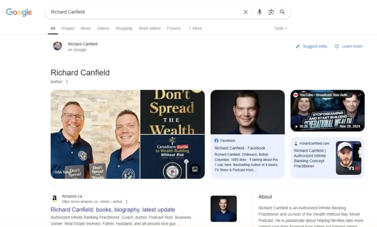 Google search for Richard Canfield showing his Knowledge Panel