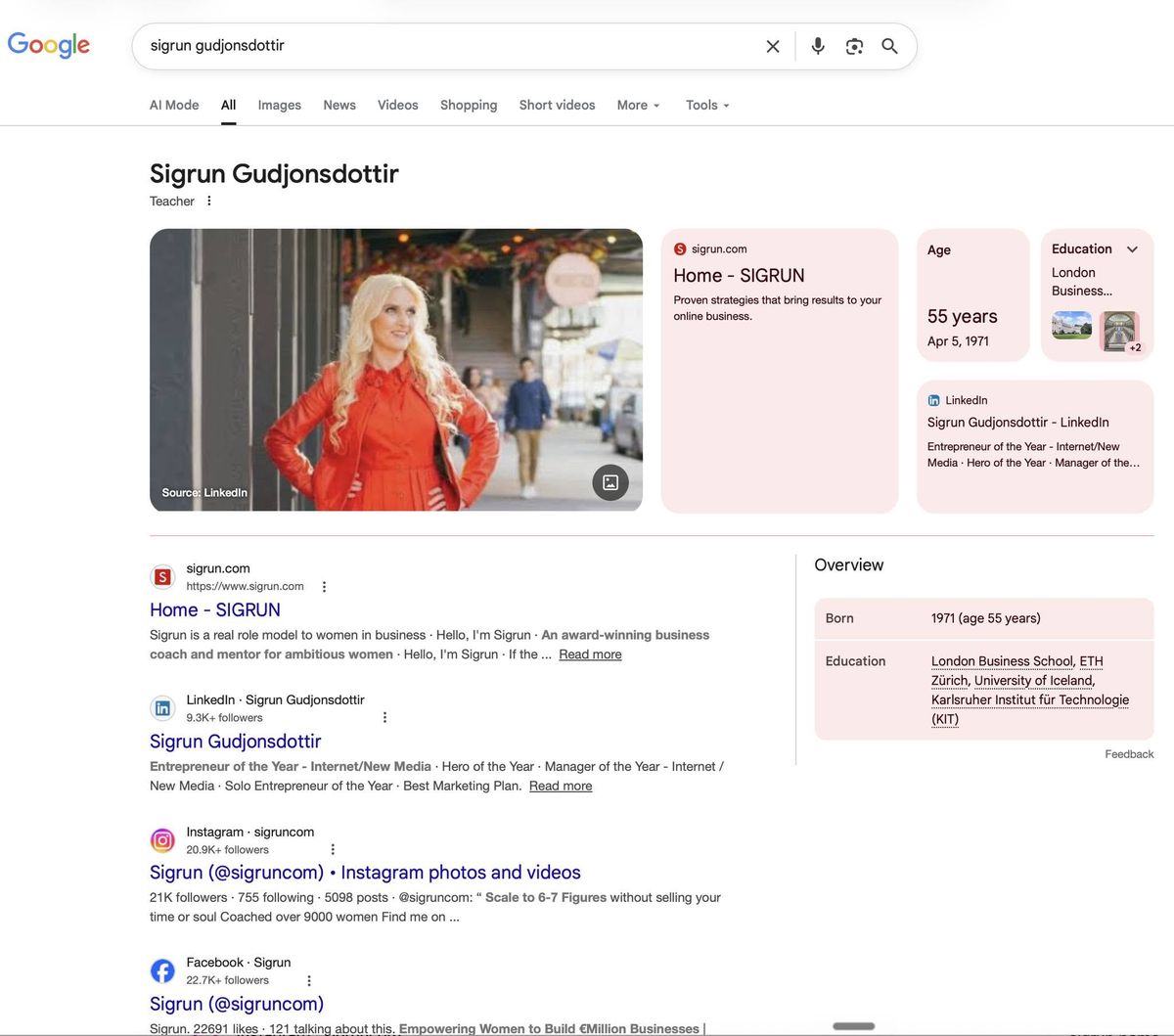 Google search for Sigrun Gudjonsdottir showing her Knowledge Panel